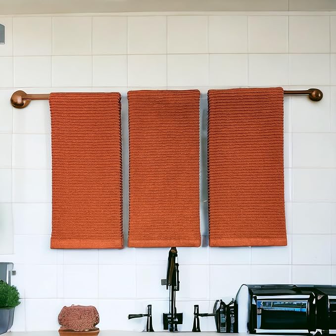 Serafina Home Kitchen Dish Towels for Hands Drying Cleaning Burnt Orange Rust 100% Cotton Soft Cloth Absorbent Terry Loop, Set of 3 Multipurpose Everyday Use Large Oversized 18" x 28"