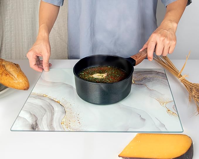 Kitchenville Glass Cutting Board 16"x12": Tempered Glass Kitchen Counter Protector - Durable- Scratch-Resistant, Heat-Proof - Design 7 - White & Gold