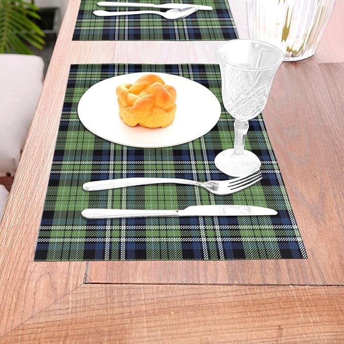 Spring Place mats Set of 4 12x18 Inches,Blue Green Buffalo Plaid Decorative Placemats Rectangle Summer Linen Table Mats for Party Home Kitchen Dining Table Decoration