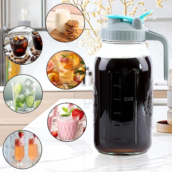 Cold Brew Coffee Maker 64 Oz Wide Mouth Mason Jar Iced Coffee Maker 2 Set Half Gallon Glass Pitcher With Strainer 2 Quart Cold Brew Pitcher With Spout Lids For Fridge, Lemonade, Cold Brew, Milk