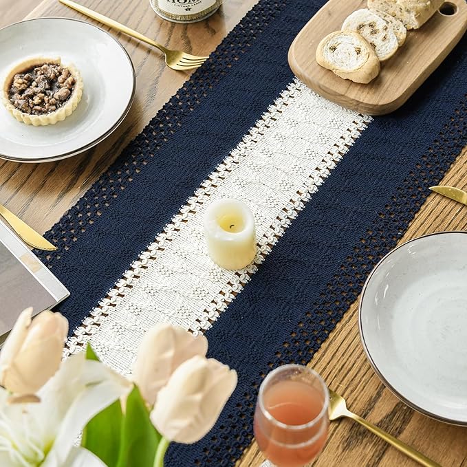 Artoid Mode Dark Blue Farmhouse Rustic Table Runner, Seasonal Hollow Kitchen Dining Table Decoration for Home Party Decor 12x120 Inch