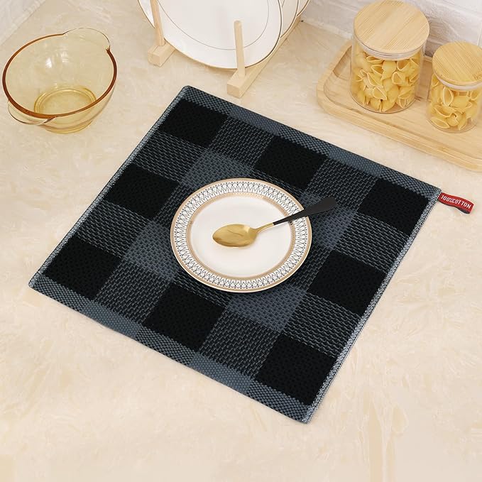 Mordimy 100% Cotton Waffle Weave Plaid Dish Cloths, 12 x 12 Inches, Super Soft and Absorbent Quick Drying Buffalo Check Dish Rags for Kitchen, 8-Pack, Black & Grey