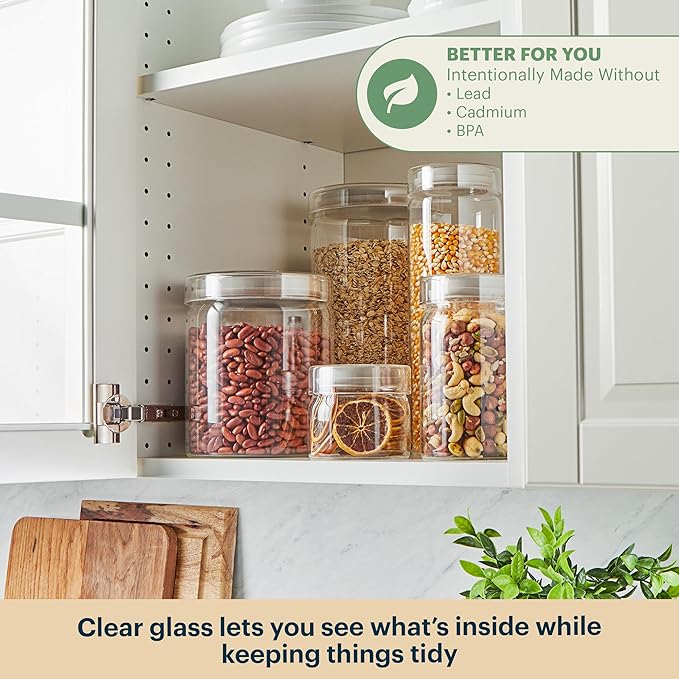 Pyrex 6-Pack Glass Canister Set - Dry Food Storage Containers with Glass Lids for Kitchen and Pantry Organization