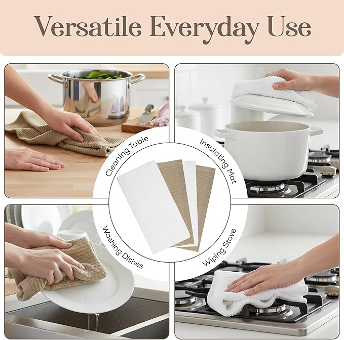 MosJos Kitchen Hand Towels Set of 4 Cotton Ribbed Taupe and White Hand Towels, 18 x 28 Super Absorbent Drying Cloth Kitchen Linens