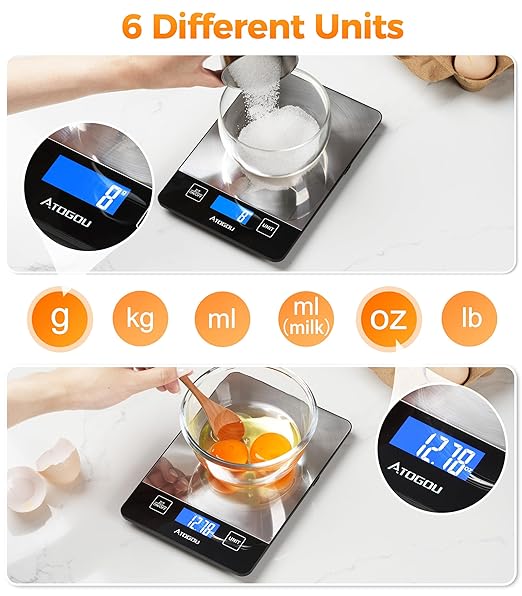 Atogou Food Scale - 33lb Digital Kitchen Scale Ounces Grams, Rechargeable & Full-View Display, Water-Resistant, Batteries or USB-C Charging, Stainless Steel, for Cooking, Meal Prep, Package (Black)