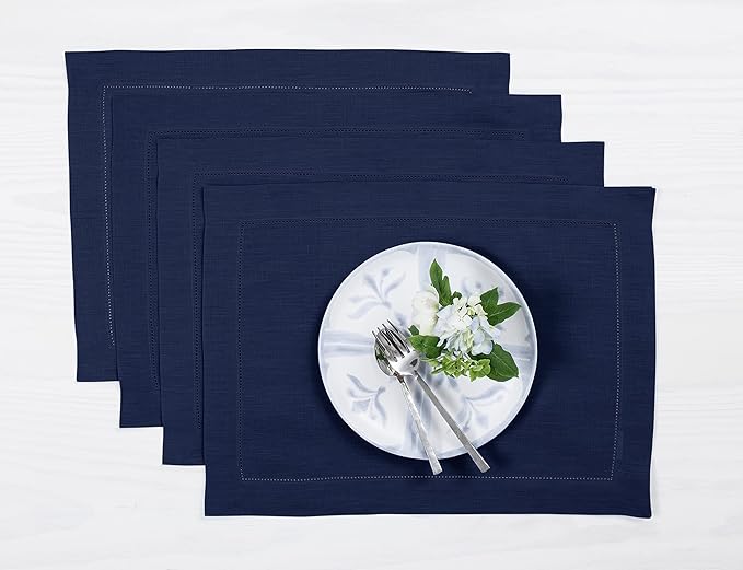 Solino Home Linen Placemats Set of 4 - Classic Hemstitch Navy Blue Placemats 14 x 19 Inch - 100% Pure Linen Table Mats for Mothers Day, Memorial Day