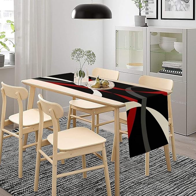 Abstract Geometric Table Runner Red Grey and White Striped Black Background Modern Kitchen Dinner Runner for Indoor Home Living Room Party Dining Table Decoration 13"x90"
