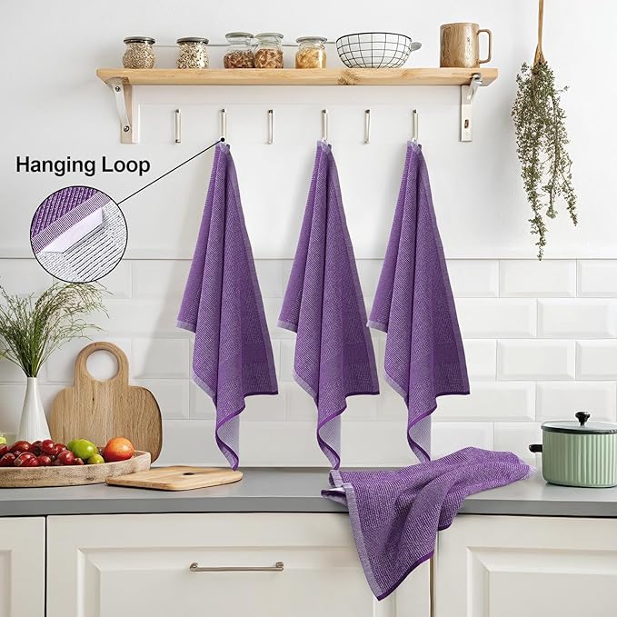Mordimy Premium Kitchen Towels 6 Pack (18 x 28 Inches, Purple), Large Cotton Kitchen Hand Towel, Flat & Terry Dish Towels for Drying Dishes, Super Absorbent Tea Dishtowels Set with Hanging Loop