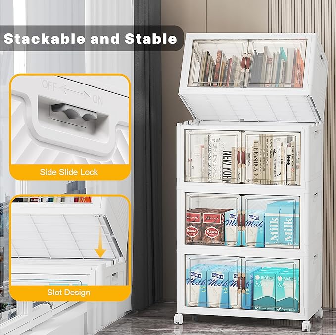 UAMFURI Stackable Storage Bins with Lids, 416QT Closet Organizers and Storage with Doors and Wheels, Extra Large Storage Cabinet, Collapsible Plastic Drawers for Bedroom Dorm Office Garage