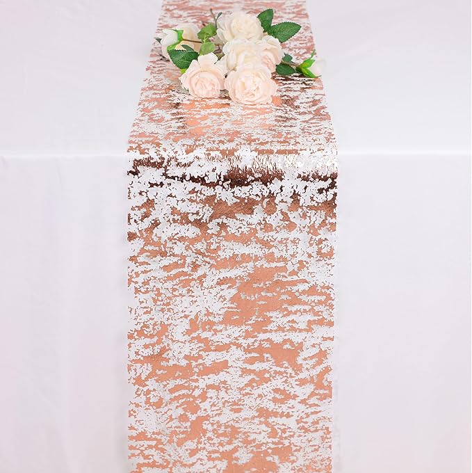 Snowkingdom Rose Gold Table Runner 11 Inch x 49 Feet Glitter Sequin Metallic Pink Thin Mesh Runner Sparkly Rose Table Decorations for Wedding, Bridal Shower, Baby Shower Birthday Party