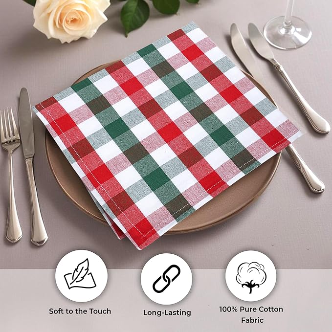 Urban Villa Cotton Dinner Napkins Set of 6, Highly Absorbent 20x20 Inches Premium Cloth Napkins Hotel Quality Reusable & Washable Table Dinner Napkins for Home & Weddings - Red/Green/White, Checks