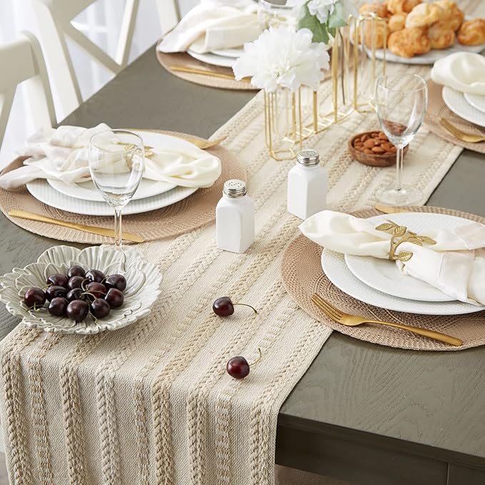 DII Farmhouse Braided Stripe Table Runner Collection, 15x72 (15x77, Fringe Included), Vintage Linen