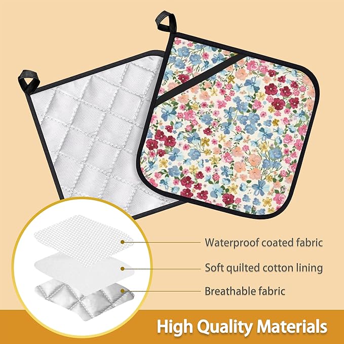 Wild Flowers Floral Meadow Pot Holder Set of 2,Heat Resistant Potholders Oven Hot Pads for Kitchen Cooking Baking BBQ