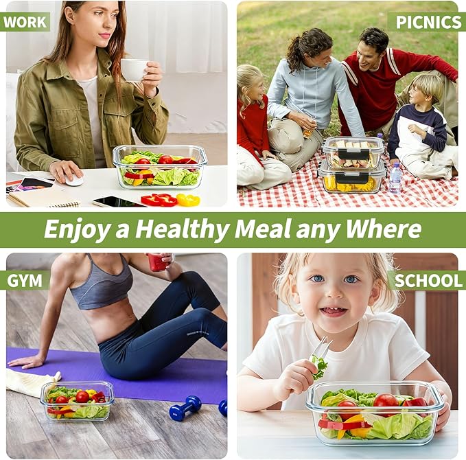 Glass Food Storage Containers with Lids Set of 6, 22 OZ Glass Meal Prep Containers for Lunch, Microwave, Oven, Freezer & Dishwasher Safe, BPA-Free