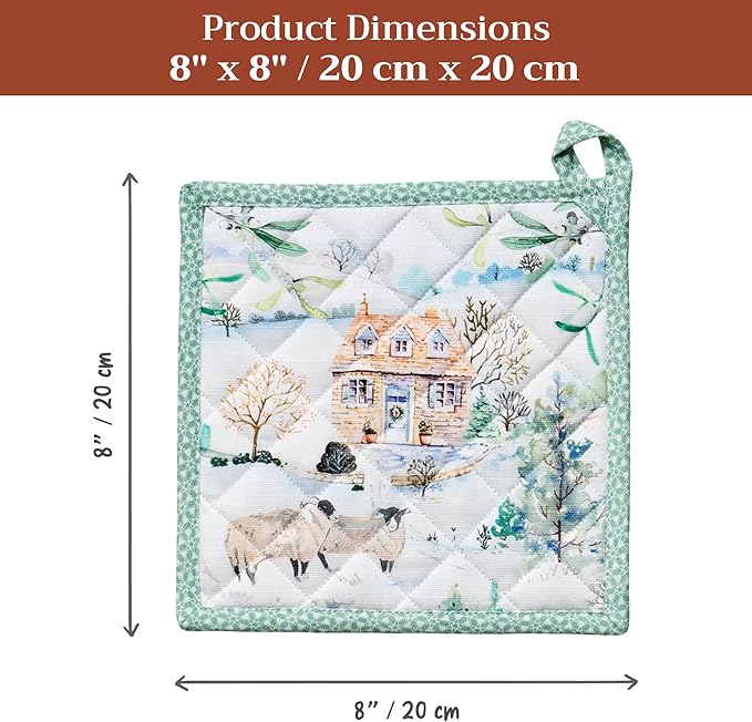 Maison d' Hermine Pot Holders Set 100% Cotton Heat Resistant Potholders 8" x 8" Hot Pads with Loop for Thanksgiving Christmas Decorations BBQ Cooking Baking Handling Hot Pans (Pack of 2, Snowy World)