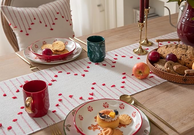 Christmas Table Runner 13 x 108 Inch Long Natural Cotton Woven Runner with Tassels for Home Dining Christmas Decorations, for Modern Farmhouse Holiday Boho Table Runner, Red and Beige