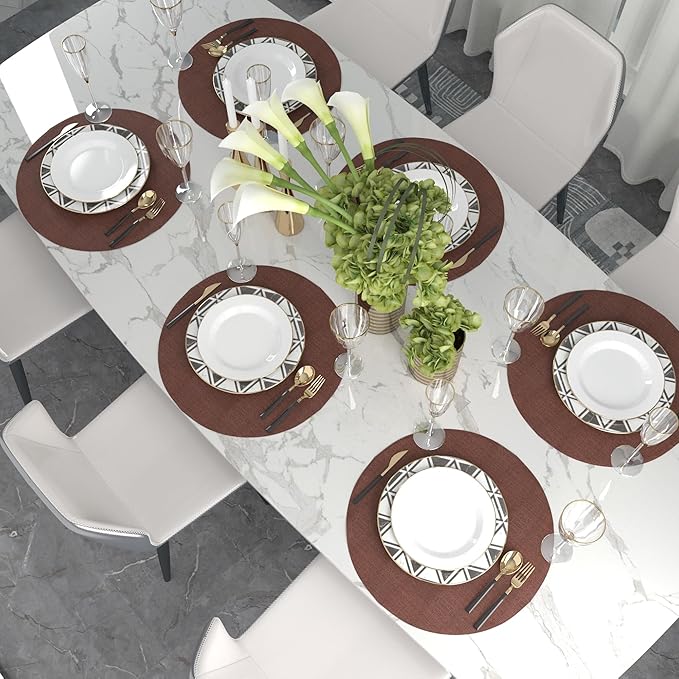 Set of 4 Round Placemat 15 Inch Soft Linen eco-Friendly Fabric Handcrafted Machine Washable Indoor & Outdoor Tablemat Coffee Brown