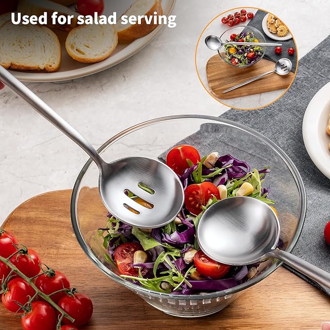 O.C.E. 4 Pieces Serving Spoons Set, 10.3-Inch Large Serving Spoon, Including 2 Spoon and 2 Slotted Spoons, Stainless Steel Flatware Serving Set, for Buffet, Banquet or Gift, Matte Silver