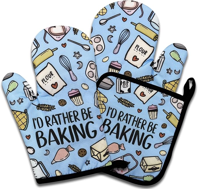 Funny Oven Mitts and Pot Holders Set of 3, I'd Rather Be Baking, Heat Resistant Non-Slip Kitchen Mitts Hot Pads, Bake Lovers Gifts, Sweet Housewarming Gifts for Women Hostess Mom Wife Baker