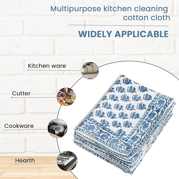 CPC Apatite Blue Hand Block Print Waffle Kitchen Towel Set of 3-16 x28 Ultra Absorbent Quick Dry Cotton Dish Towels Lightweight Reusable Sustainable Tea Towels for Cleaning and Drying