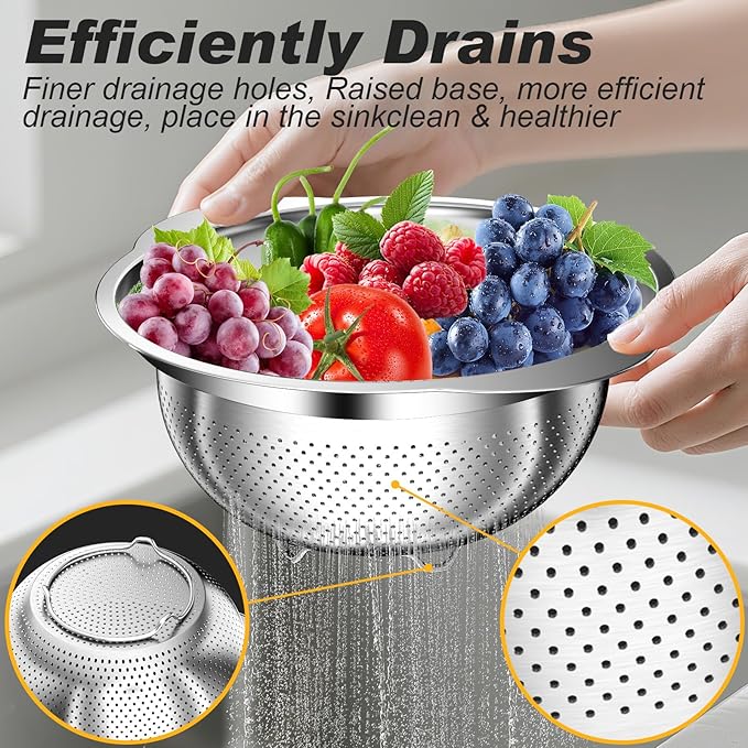 Colander, Stainless Steel Colander for Kitchen, 3Pcs Kitchen Gadget Food Strainer Basket with Handle, Kitchen Strainer Colanders Bowl for Pasta Noodles Spaghetti Vegetables Fruit (2QT, 3QT, 5QT)