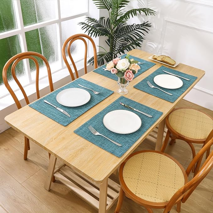 SHACOS Fabric Placemats Set of 4 Non Slip Machine Washable Heat Resistant Cloth Table Mats Soft Polyester Place Mats for Kitchen Dining Table, Dark Teal