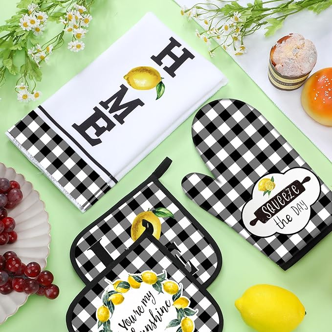 5 Pieces Buffalo Plaid Kitchen Towels Oven Mitts and Pot Holder Set Black and White Kitchen Towels Oven Gloves, Hot Pads Pot Holders for Farm House Accessories Decor(Lemon)
