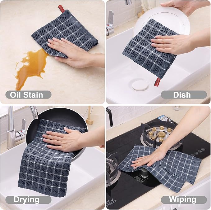Homaxy 100% Cotton Dish Cloths, 8 Pack-12 X 12 Inches, Check Design Waffle Weave Dish Rags for Washing Dishes, Ultra Absorbent and Fast Drying Dishcloths, Grey