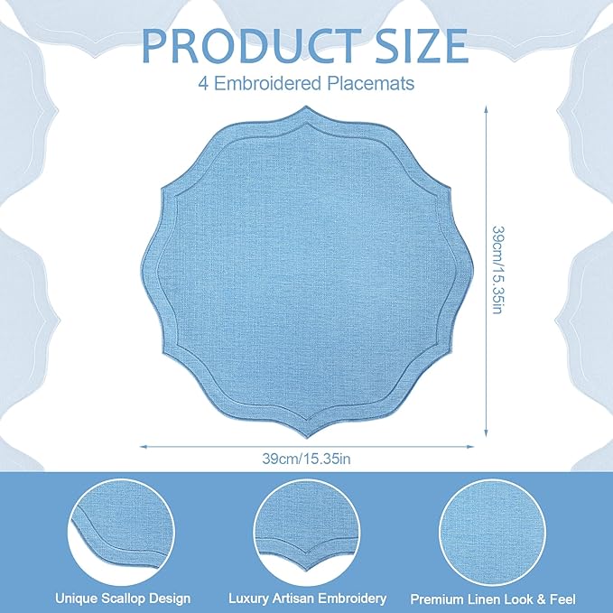 Set of 4 Cotton Linen Placemats, 15x15 Round Scalloped Cloth Table Mats, Embroidery Machine Washable, Wrinkle Resistance Fabric Place Mats for Wedding Summer Baby Shower Party Table Decor-Blue