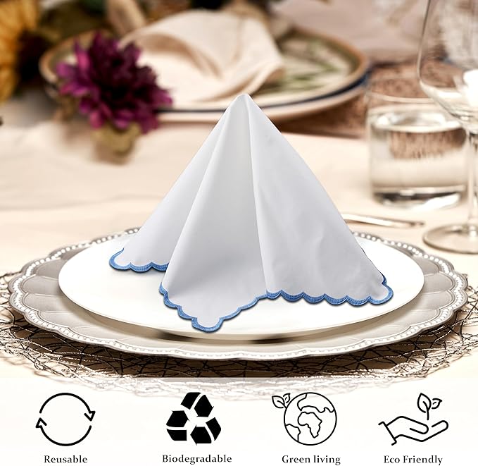 Ridhi Cloth Napkins 100% Pure Cotton Farmhouse Wedding Dinner Napkins Gift for Spring, Easter, Valentine, Holiday, Everyday Napkin (4-18" x 18" Dinner Napkin, White with Blue Edge)