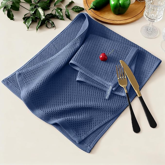 Kitinjoy 100% Cotton Kitchen Towels and Dishcloths Set, 12 Pack-13" x 28" and 12" x 12" Waffle Weave Dish Towels, Ultra Soft Absorbent Quick Drying Dish Rags, Navy Blue