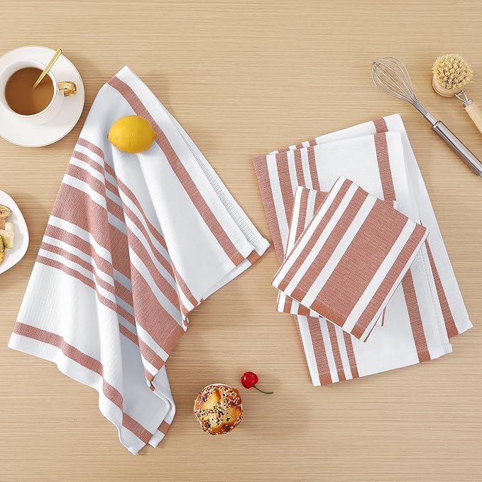 Homaxy Premium Kitchen Towels 18”x 28”, Large Cotton 380 GSM Kitchen Hand Towels, Stripe and Terry Dish Towel, Highly Absorbent Tea Towel Set with Hanging Loop, 8 Pack, Rust