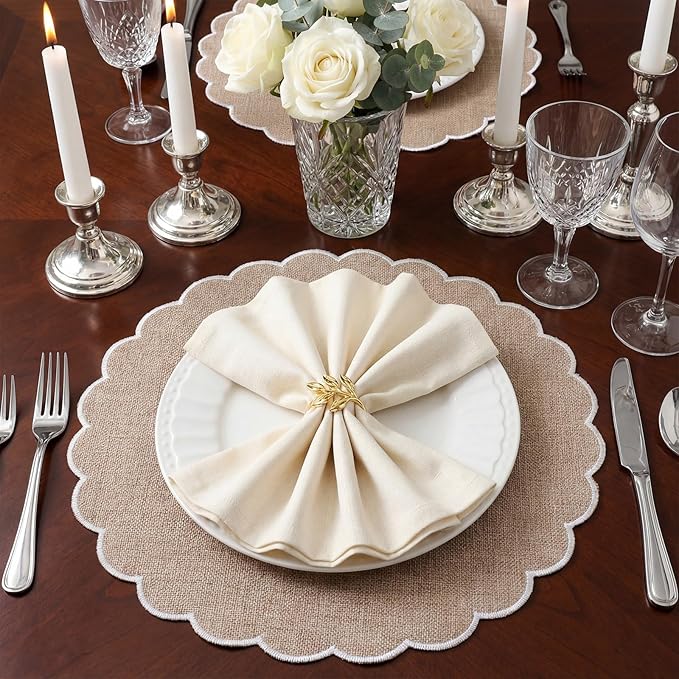 Set of 12 Beige Cotton Placemats 15 Inch Round Scalloped Embroidery Placemats Washable Double Layered Rustic Table Mat Fabric Napkins for Wedding Table Decor