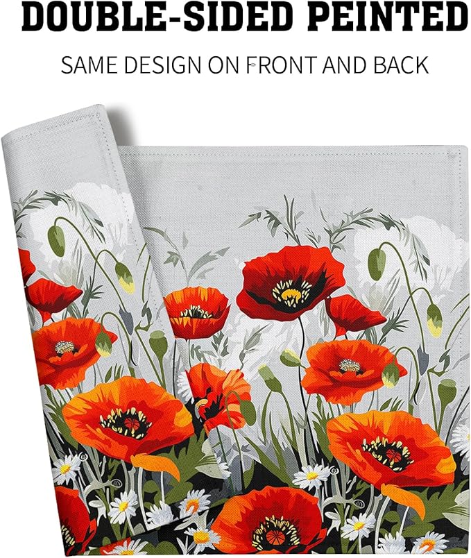 Giwawa Poppy Flowers Placemats Set of 4, 12"x18" Rustic Red Orange Floral Linen Place Mat, Spring Summer Washable Non-Slip Table Mats for Kitchen Dining Party Picnic Indoor Outdoor Decor