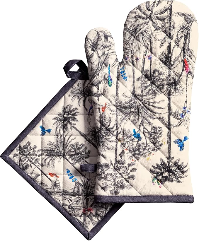 Maison d' Hermine 100% Cotton Oven Mitt & Pot Holder Set (7.5"x13" & 8"x8") Heat Resistant BBQ Cooking Gloves with Loop for Thanksgiving Christmas Decorations Handling Hot Pans (Amazonia)