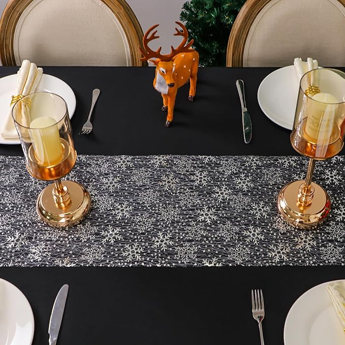 Snowkingdom Christmas Snowflake Silver Table Runner 11 Inch x 49 Feet Sparkly Silver Foil Glitter Metallic Mesh Runners Dining Table Decorations for Seasonal Winter Xmas Festival Holiday Home Party