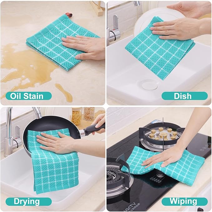 Homaxy 100% Cotton Kitchen Towels 8 Pack-15 X 25 Inches, Check Design Waffle Weave Hand Tea Towels, Super Soft and Absorbent Dish Towel for Drying Dishes, Aqua