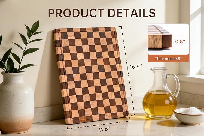 Checkered Cutting Boards for Kitchen, Wooden Chopping Board with Juice Grooves & Handles, Acacia Decorative Cutting Board Butcher Block Serving Tray with Gift Box, 16.5" x 11.6" x 0.8"