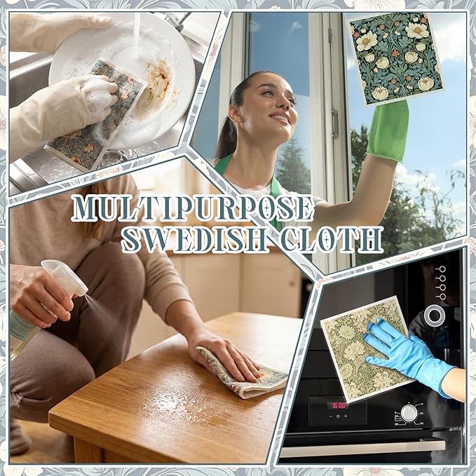 Tegeme 8 Pcs William Morris Swedish Dishcloth Kitchen Vintage Floral Dish Towels Blue Green Flower Kitchen Dish Cloth Washable Absorbent Cotton Towels for Spring Summer Housewarming Gift, 6.8 x 7.7''