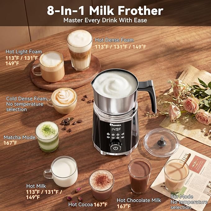 IAGREEA 8 in 1 Large Electric Milk Frother, 21oz/600ml Detachable Frother Steamer, Automatic Hot & Cold Foam Maker for Latte, Cappuccino, Hot Chocolate, Matcha, Dishwasher Safe, Stainless Steel Jug