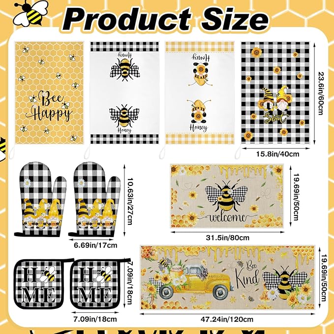 Fourluoo 10 Pcs Bee Kitchen Decor Sunflower Oven Mitts and Pot Holders Set Bee Dish Towels Rugs Mats Buffalo Plaid Farmhouse Kitchen Accessories for Chef Baking Cooking Grilling BBQ Women Home Gift