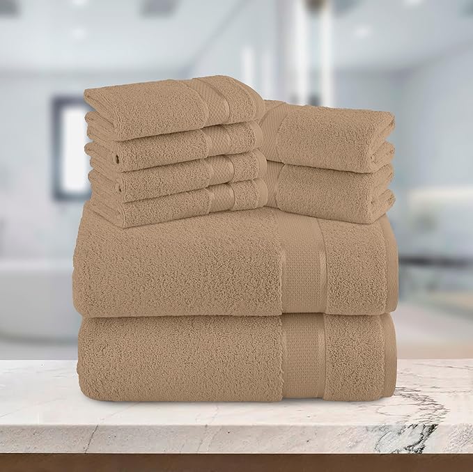 Elegant Comfort Premium Cotton 8-Piece Towel Set, Includes 4 Washcloths, 2 Hand Towels and 2 Bath Towels, 100% Turkish Cotton - Highly Absorbent and Super Soft Towels for Bathroom, Taupe