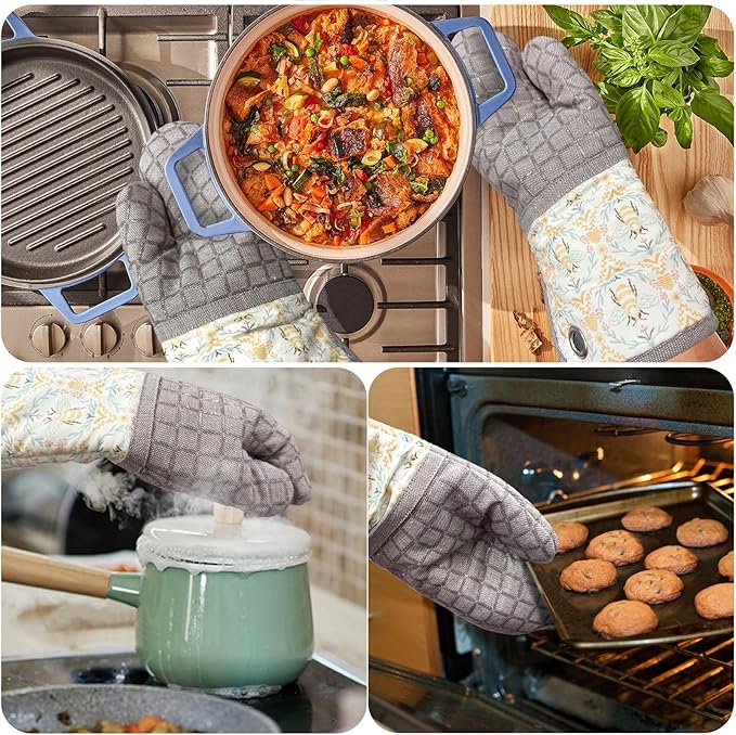 Silicone Printing Oven Mitts Heat Resistant to 500 Degree,Yarm-Dyed Oven Gloves with Animal Design Non-Slip for Kitchen Cooking Barbecue Baking and Machine Washable. (Khaki Oven Mitts)