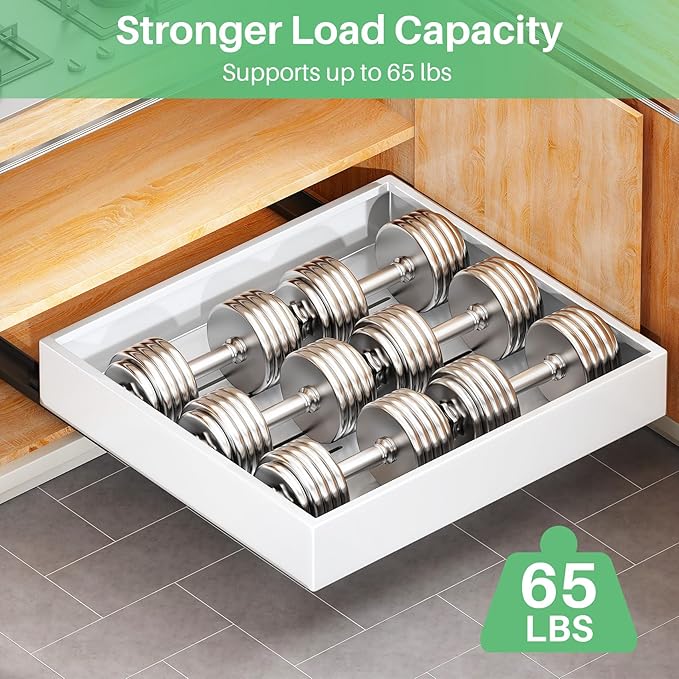 Pull out Cabinet Organizer,21"Deep, 20"Wide Heavy Duty Full-Extension Slide out Drawers Fixed with Nano Adhesive,Roll Out Shelves Sliding Cabinet for Kitchen,Bathroom,Pantry,under sink Storage(White)
