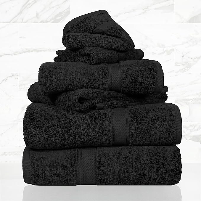 SUPERIOR Solid Egyptian Cotton Towel Set, Washcloths 13” x 13”, Hand Towels 20” x 30”, Bath Towels 30” x 55”, Black, 6-Pieces
