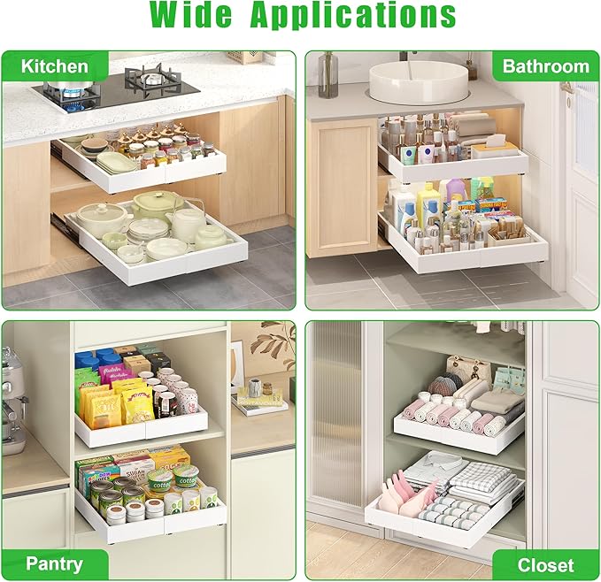 2 Pcs Pull Out Drawers for Cabinets Organizer Expandable Width(11.8"-19.4"), Depth(16.45"-21.7") With 3 Rails, No Drill Roll Out Drawer, Adhesive Sliding Drawers for Kitchen Pantry Storage Adjust