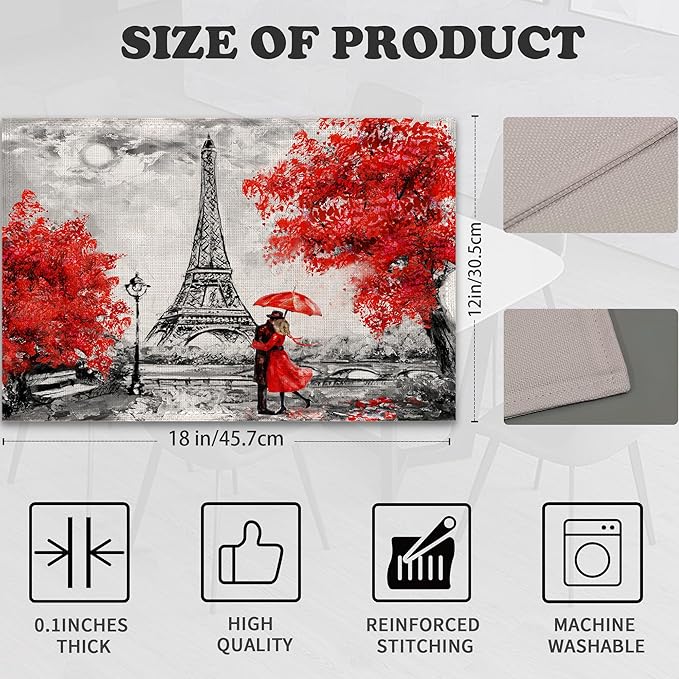 Placemats Set of 6,Vintage Eiffel Tower Linen Table Mats Heat Resistant Place Mats Washable Dining Table Mats for Indoor Outdoor Kitchen Decor Easy Clean 12 x 18 Inch