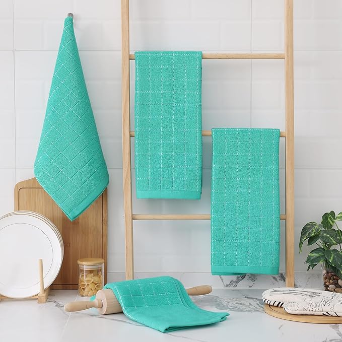 Homaxy 100% Cotton Terry Kitchen Towels(Turquoise, 13 x 28 inches), Checkered Designed, Soft and Super Absorbent Dish Towels, 4 Pack