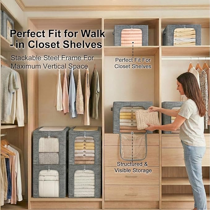GoMaihe Clothes Storage Bins Metal Frame: 55L Extra Large Stackable Closet Storage Bin with Lid & Clear Window, Heavy Duty Blanket Box for Winter Coats Comforters (Fits Deep Closet 6-Pack)