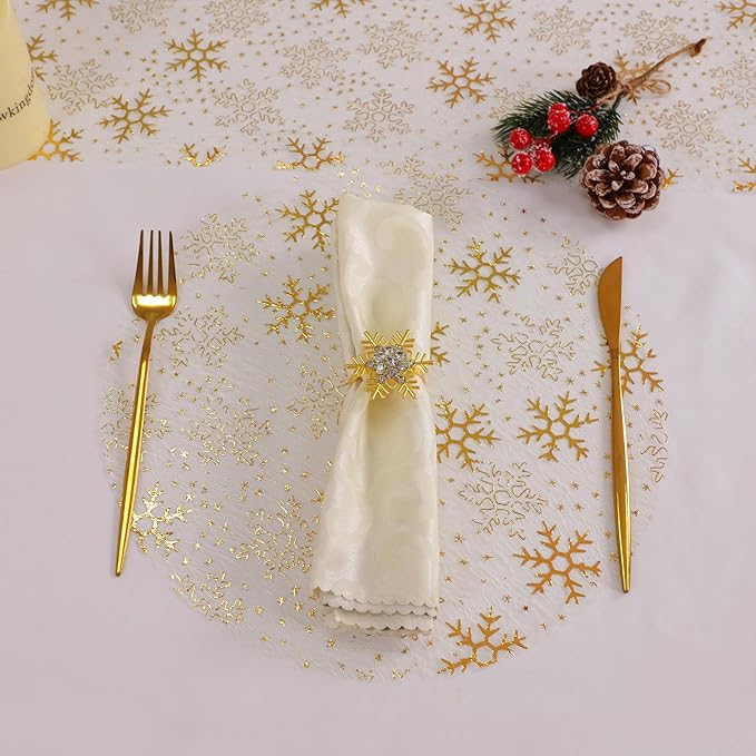 Snowkingdom Christmas Snowflake Gold Table Runner 11 Inch x 49 Feet Sparkly Gold Foil Glitter Metallic Mesh Runners Dining Table Decorations for Seasonal Winter Xmas Festival Holiday Home Party